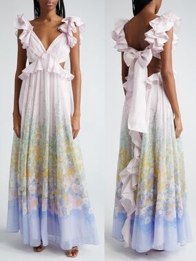 Zimmermann Floral Ruffle Linen & Silk Gown Maxi Dress Blue Meadow US 10 NWT
